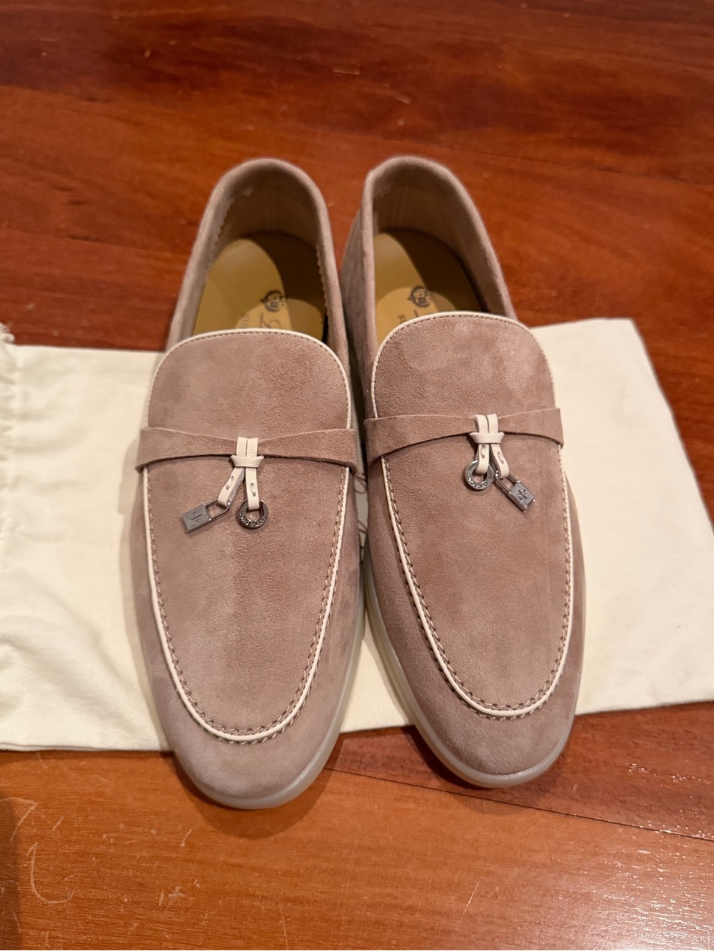 Inspired by Loro Piana - 
Women's Suede Moccasins in Light Beige with Metal Char